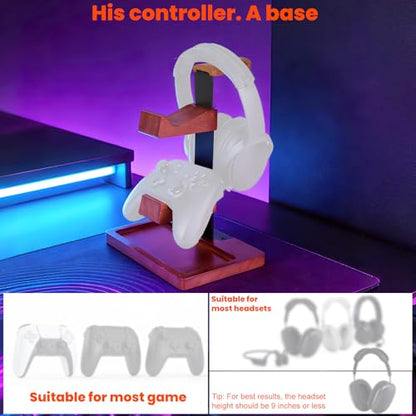 Solid Wood Game Controller Stand & Headphone Holder, Dual Controller Organizer for Xbox Switch Headset Gaming Equipment Stuff Desk Accessories Room Decor for Son Husband Boyfriend