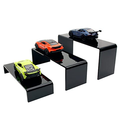 3 Pack Black Acrylic Display Risers, Tiered Display Stand Set in 3 Sizes for Perfume, Cosmetics, Cupcakes, Figures, Toy Cars, Collectibles and Small Decor