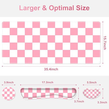 Pastel Pink White Checker Mouse Pad Set, 4 in1 Ergonomics Keyboard Desk Mat with Memory Foam Wrist Rest, Extended Game Mousepad, Non-Slip Large Gaming Desk Pad Matt Easy Typing Pain Relief - color: Pastel Pink White Checker