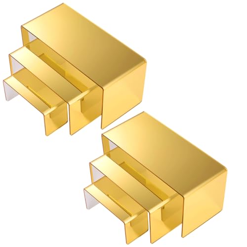 Chuangdi 2 Sets Acrylic Display Risers, Product Stand, Jewelry Display Riser Shelf Showcase Fixtures for Dessert Cupcake Candy Figure Treat Action Showcase (Gold,Large Set) - color: Gold, size: Large Set