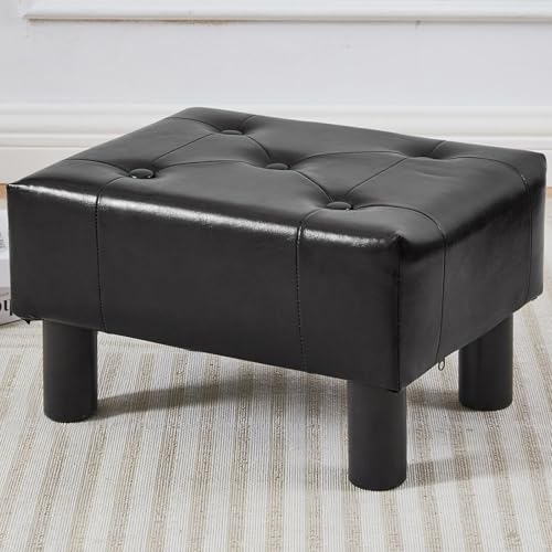Small Foot Stool Ottoman, Faux Leather Footstool Ottoman Foot Rest for Couch, Rectangle Footstools and Ottomans Small for Living Room, Entryway and Bedroom (Black) - color: Black