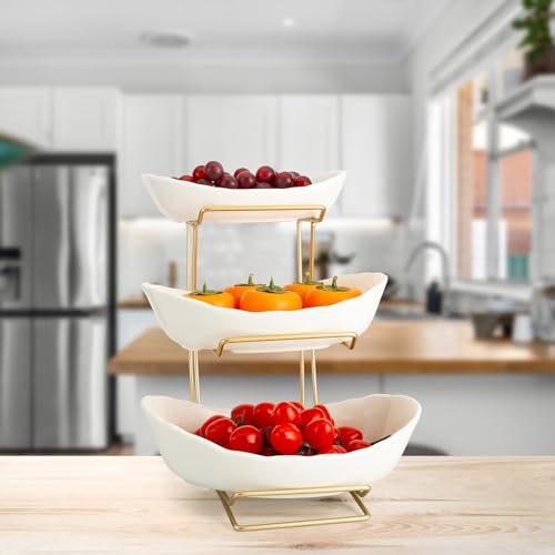 3 Tier White Gold Fruit Bowl and Tray with Metal Stand, Triple Layer Fruit Basket for Snacks, Nuts, Bread, Candy Storage - color: B white triple layer