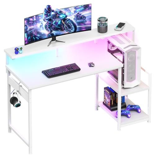 AODK 48 Inch Gaming Desk with LED Lights, Computer Desk with Storage Shelves, Reversible Desk with Monitor Stand, White - color: White, size: 48 Inch