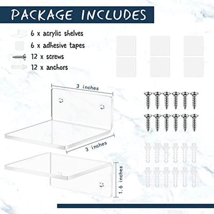 Yulejo 6 Pieces Acrylic Floating Shelves Set Acrylic Small Wall Shelf Wall Mounted Shelf Bathroom Drilling Organizer Adhesive Display Shelf for Bedroom Gaming Room Living Room Office