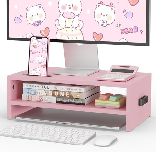 BONTEC Wooden Monitor Stand Riser, 2-Tier Desk Shelf with Storage Organizer, Ergonomic Computer Stand with Cable Management, Cellphone Holder, Pink, 16.5 Inch - color: Pink, size: 16.5 Inch