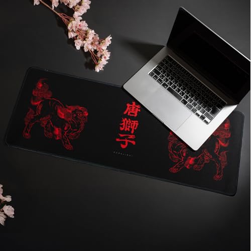 BELLEMOND Japanese Art Desk Mat | Large 31.5x11.8in Anime Mouse Pad for Keyboard & Mouse | Non-Slip Base, Water-Repellent | Original Japanese Design | Kara-jishi - Twin Lions - color: Kara-jishi - Twin Lions