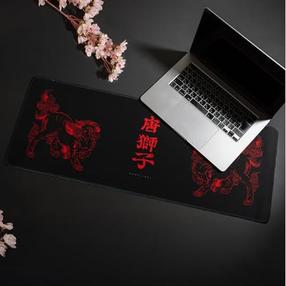 BELLEMOND Japanese Art Desk Mat | Large 31.5x11.8in Anime Mouse Pad for Keyboard & Mouse | Non-Slip Base, Water-Repellent | Original Japanese Design | Kara-jishi - Twin Lions - color: Kara-jishi - Twin Lions