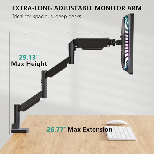 WALI Extra Long Single Monitor Arm for 17-38 inch Screens, up to 26.4 lbs | Tall Monitor Desk Mount, Full Motion with Tilt, Swivel, Rotation, C-Clamp/Grommet Base, VESA 75/100mm (GSMP001L), Black - size: 17" to 38"