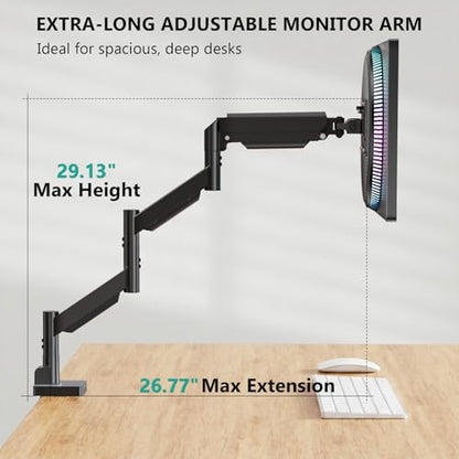 WALI Extra Long Single Monitor Arm for 17-38 inch Screens, up to 26.4 lbs | Tall Monitor Desk Mount, Full Motion with Tilt, Swivel, Rotation, C-Clamp/Grommet Base, VESA 75/100mm (GSMP001L), Black - size: 17" to 38"