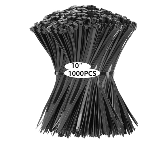 1000PCS 10 inch Black Zip Ties 75LBS Tensile Strength Self-Locking heavy duty UV Resistant Cable Tie Wraps for indoor and outdoor use(Black) - color: Black, size: 10inch-1000PCS