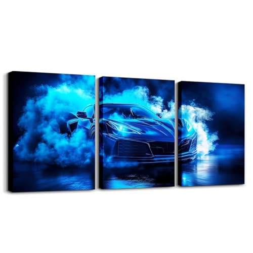 Boys Sports Car Canvas Wall Art Set of 3,Cool Blue Race Car Wall Art for Kids Boys Girls Teens,3D Foggy Racing Cars Decor,Extreme Sports Theme Poster Prints Racing Games Race Cars,12x16 - color: Blue