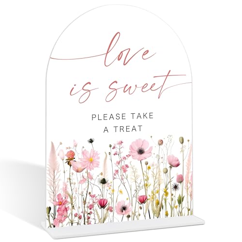 Pink Flower Love Is Sweet Sign for Dessert Table, Dessert Table Decor, Bridal Shower Centerpieces For Tables, Wedding Reception Decorations, Acrylic Arch Bridal Shower Sign With Base-13 - color: Love Is13