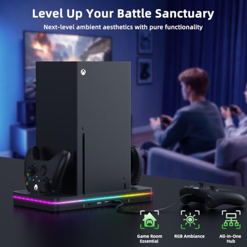 Charging Stand with Cooling Fan, CODOGOY Vertical Stand Compatible with Xbox Series X/S Console&Controller, Dual Controller Charger Station Dock with 3 USB Ports,2*1100 mAh Rechargeable Battery Packs - color: Jet Black