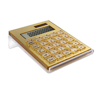 Acrylic Calculator with Stand, Battery and Solar Hybrid Powered Basic Calculator 12-Digit LCD Display,Home Office Desktop Accessories(Gold) - color: Gold