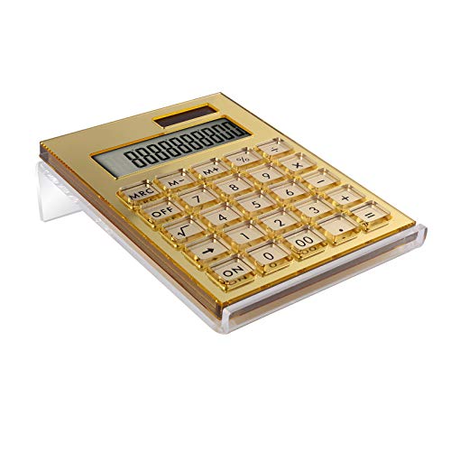 Acrylic Calculator with Stand, Battery and Solar Hybrid Powered Basic Calculator 12-Digit LCD Display,Home Office Desktop Accessories(Gold) - color: Gold