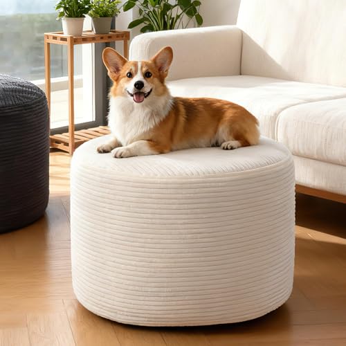 Round Corduroy Ottoman Foot Rest Pouf for Living Room Couch - Soft Plush Shredded Foam Filled Hassock Stool, Comfy Footstool - color: Beige, size: 26"D x 26"W x 18"H