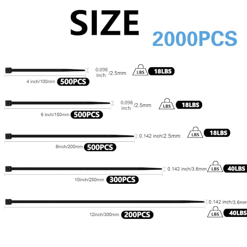 2000 PCS Zip Ties Assorted Sizes 4+6+8+10+12 Inch Self-locking Nylon Cable ties Outdoor, UV Resistant Wire Straps for Home Office Garden Workshop Indoor Outdoor Fence(Black) - color: Black, size: 4+6+8+10+12 inch(2000pcs)