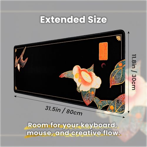 BELLEMOND Japanese Art Desk Mat | Large 31.5x11.8in Anime Mouse Pad for Keyboard & Mouse | Non-Slip Base, Water-Repellent | Original Japanese Design | Camellia Silence - color: Camellia Silence