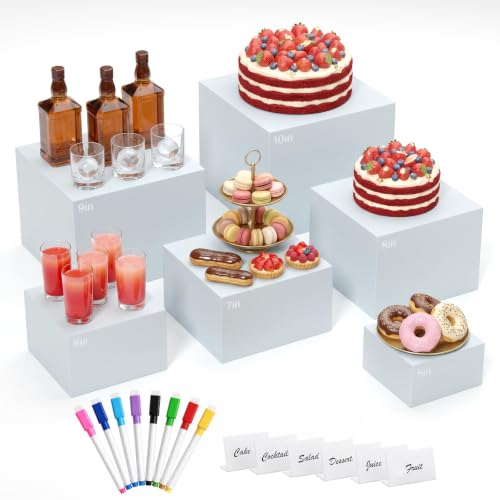 6 Pcs White Acrylic Buffet Risers with Mini Sign and Marker, Food Risers Display Stands for Buffet Table Party Catering Dessert Jewelry Collectibles,Acrylic Cube Nesting Boxes with Hollow Bottoms 6 Sizes (10" 9" 8" 7" 6" 5") - size: 10" 9" 8" 7" 6" 5"