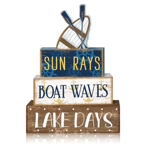 Britimes 4 Pcs Summer Wooden Tiered Tray Decor Set, Lake Boat Paddle Table Decor Rustic Farmhouse Retro Carbin Wooden Coffee Table Centerpieces for Home Kitchen Office Decorations (Boat Style) - style: Boat