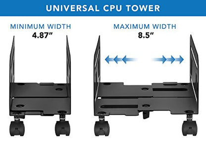 Mount-It! Computer Tower Stand, Adjustable PC Tower Cart with Lockable Caster Wheels, Heavy-Duty Steel Ventilated CPU Holder, 22 lbs, Fits 4.87-8.5 Inch Wide, for Floor Carpet Under Desk, Black