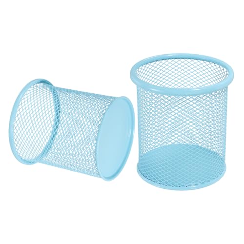 uxcell 2Pcs Mesh Pencil Holder, Metal Pen Cup Desk Organizer Makeup Brush Cup Holder for Home, Office, Classroom(Light Blue) - color: Light Blue