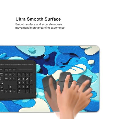 Extended Gaming Mouse Pad, Blue Wave Pattern Design, 35.4 x 15.7 Inches, Anti-Slip Rubber Base, Stitched Edges, Rectangular Desk Mat for Gaming and Office - color: Blue Waves