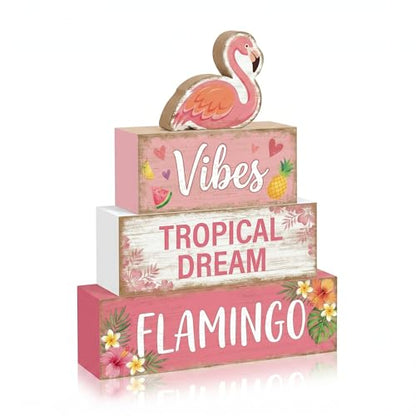 4 Pcs Summer Flamingo Room Table Decor Pink Flamingo Wooden Tiered Tray Decor Set Pink Tropical Summer Party Wooden Signs Shelf Sitter Pool Beach Theme Table Centerpieces for Home Decorations - style: Flamingo