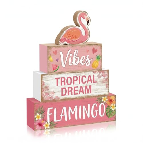 4 Pcs Summer Flamingo Room Table Decor Pink Flamingo Wooden Tiered Tray Decor Set Pink Tropical Summer Party Wooden Signs Shelf Sitter Pool Beach Theme Table Centerpieces for Home Decorations - style: Flamingo