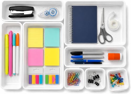 Masirs Interlocking Drawer Organizer Bins - Durable Plastic, Various Sizes for Custom Layout Design. Great for Desk Drawer, Tool Box or Garage Organization. (White | 8-Piece Set) - color: White