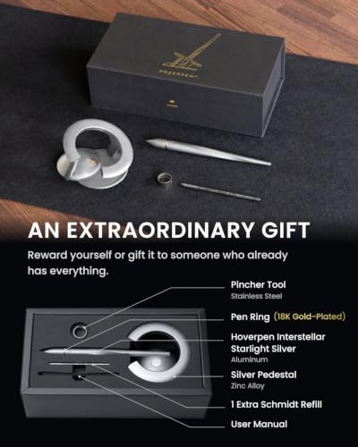 novium Hoverpen Interstellar - Luxury Pen Made With Aerospace Alloys, Unique Aesthetic, Free Spinning Executive Pen, Desk Decor (Starlight Silver, 18K-Gold) - color: Starlight Silver, style: 18K Gold-Plated