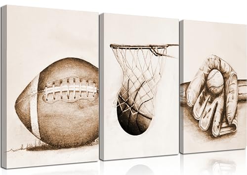3Pcs Sports Wall Art Football Baseball Basketball Theme Painting Picture Wall Decor Vintage Sport Poster Print Artwork for Boy Room Playroom Bedroom Gameroom Home Decoration - color: Vintage Ball, size: 12" × 16" Canvas