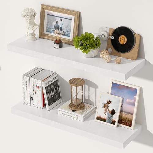 24 Inch Floating Shelves, 12 Inch Deep Floating Shelves for Wall, Extra Deeper & Thicker Wooden Wall Shelf with Invisible Brackets, Shelf for Bedroom Living Room Home Decor（White, Set of 2） - color: White, size: 24"W x 12"D x 2"H, Set of 2
