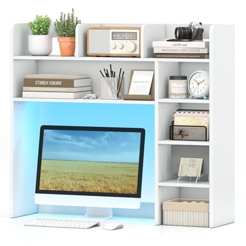 Tangkula Desktop Bookshelf with LED Lights, Desk Hutch with 8 Shelves for Max 25" Monitor, Desktop 5-Tier Display Rack, Multipurpose Wood Desktop Storage Hutch Organizer for Dorm Office Home (White) - color: White, size: 8 Shelves