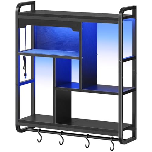 HOOBRO Gaming Floating Shelves with LED Lights, 26.4" LED Wall Mounted Shelf, Modern Corner Shelf 3-Tier Display Rack for Wall Storage, Arched Design, for Kitchen, Living Room, Study, Black BB44DBJ01 - color: Black