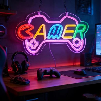 Gamer Neon Sign for girl room decor, 15 * 9 inch Pink Gaming led lights with USB Power and Dimmer Switch for game room decor,adult and Kids - style: pink-gamer