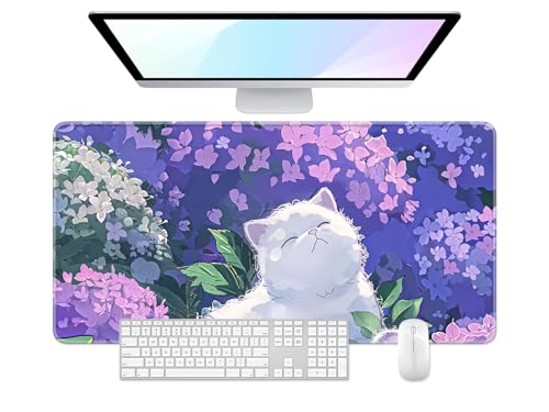 Desk Pad, 32" x 16" XXXL Extended Large Gaming Mouse Pad, Desktop Decor Desk Mat, Men Women Office Supplies and Accessories, Cute Anime Mouse Mat for Laptop & Keyboard, Hydrangea Cat - color: Anime Hydrangea Cat