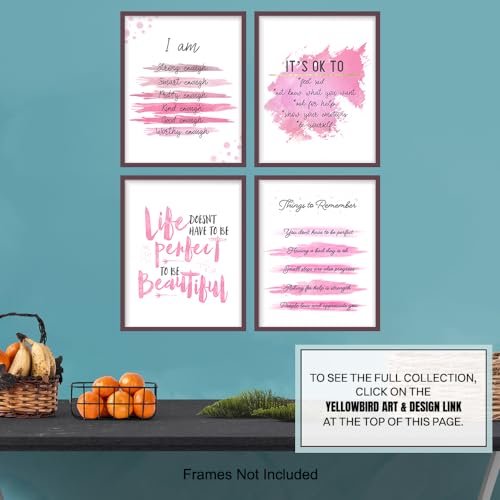 YELLOWBIRD ART & DESIGN Inspirational Quotes Wall Decor - Pink Motivational poster Set - Positive Affirmations Wall Art - Encouraging Gift for Women Girls - I Am - Inspiring Wall Art - UNFRAMED 8x10