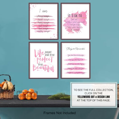 YELLOWBIRD ART & DESIGN Inspirational Quotes Wall Decor - Pink Motivational poster Set - Positive Affirmations Wall Art - Encouraging Gift for Women Girls - I Am - Inspiring Wall Art - UNFRAMED 8x10