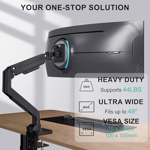 WALI Heavy Duty Single Monitor Arm for 13-49 inch 1000R Curved Screens, up to 44 Lbs, Adjustable Single Monitor Desk Mount with C-Clamp, Grommet Base, 75/100mm VESA Mount (GSM001XL), Black - size: 13" to 49"