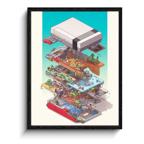 Retro Game Console Wall Art, isometric cutaway levels, gamer wall decor, matte finish framed canvas print, gaming room poster artwork, for teen bedroom gamer gift, 12x15 inch - color: Stacked Gaming World