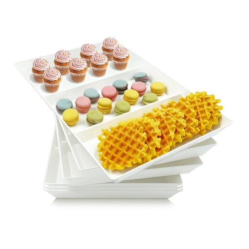 Divided Serving Tray Platter, 6 Pack 15" x 10" Fruit Veggie Food Tray for Party, Plastic Serving Trays for Appetizer, Snack, Dessert, Cookie, Brunch Decorations Platters, White Trays BPA-Free - color: 3 Divided (Large), size: 15" x 10" (6 Pack)