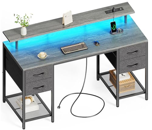 Huuger 55 inch Computer Desk with 4 Drawers, Gaming Desk with LED Lights & Power Outlets, Home Office Desk with Large Storage Space for Bedroom, Work from Home, Gray - color: Grey, size: 55 Inch