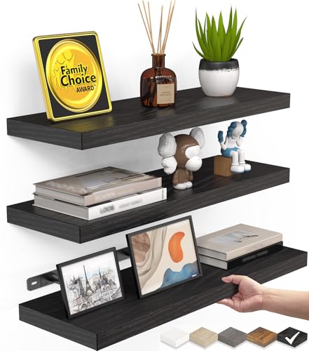 BAYKA Floating Shelves for Wall, Wall Mounted Rustic Wood Shelves for Bathroom, Bedroom, Living Room, Kitchen, Hanging Shelf for Books/Storage/Room Decor with 22lbs Capacity (Black, Set of 3, 15.7in) - color: A. Black - Universal Classic Style, size: 15.7