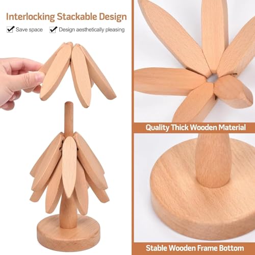 Wooden Cup Coaster Set，Tree Shape Trivet Set,Tree Coasters- 4 Wooden Trivets + 1 Stand stored for hot Dish/Pot/Bowl/teapot/hot Pot Set - color: White