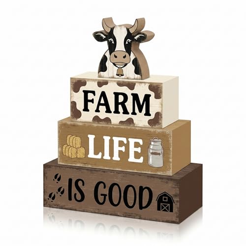 4 Pcs Farm Life Kitchen Table Decor for Home Black and White Cow Stacked Wood Sign Farmhouse Cow Country Tiered Tray Decor Farm Rustic Dairy Kitchen Decorations for Shelf Mantel Table - style: Black and White Cow
