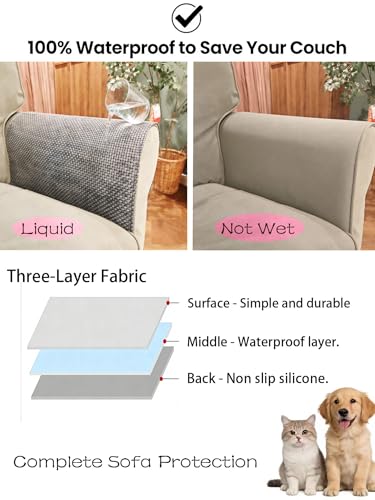Couch Chair Arm Covers for Sofa, Waterproof Armrest Armchair Covers Non-Slip Recliner Slipcovers, Set of 2 (Light Gray, 24"×20") - color: Light Gray