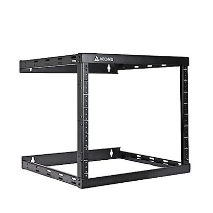 AEONS 8U 2-Post Wall Mount Open Frame 19-Inch IT Network Server A/V Equipment Rack 18” Depth 12-24 Threaded 150lbs Weight Capacity, Black - style: 8U-2Post