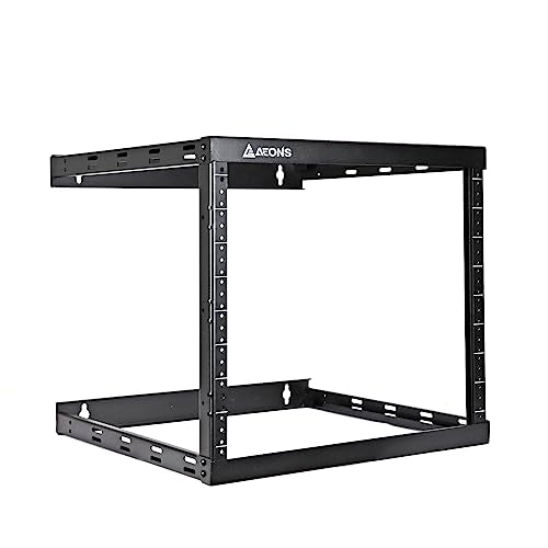 AEONS 8U 2-Post Wall Mount Open Frame 19-Inch IT Network Server A/V Equipment Rack 18” Depth 12-24 Threaded 150lbs Weight Capacity, Black - style: 8U-2Post