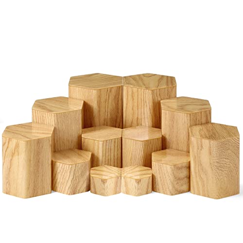 Jetec 12 Pcs Hexagonal Jewelry Display Risers Hexagonal Market Display Risers Stands Acrylic Showcase Acrylic Stand for Jewelry Model Figures Decoration, 6 Sizes (Woodgrain) - color: Natural Color